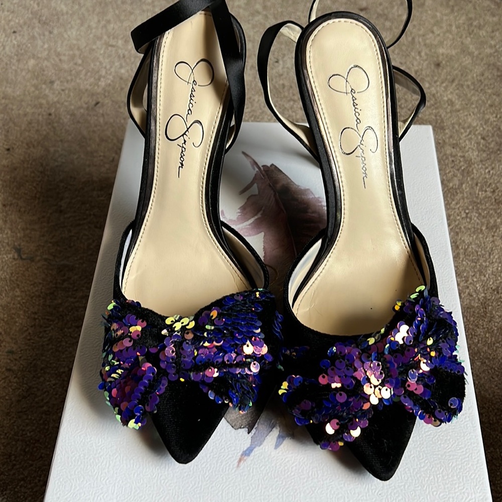Jessica Simpson sequin shoe velvet black and multi color bow. Gently worn